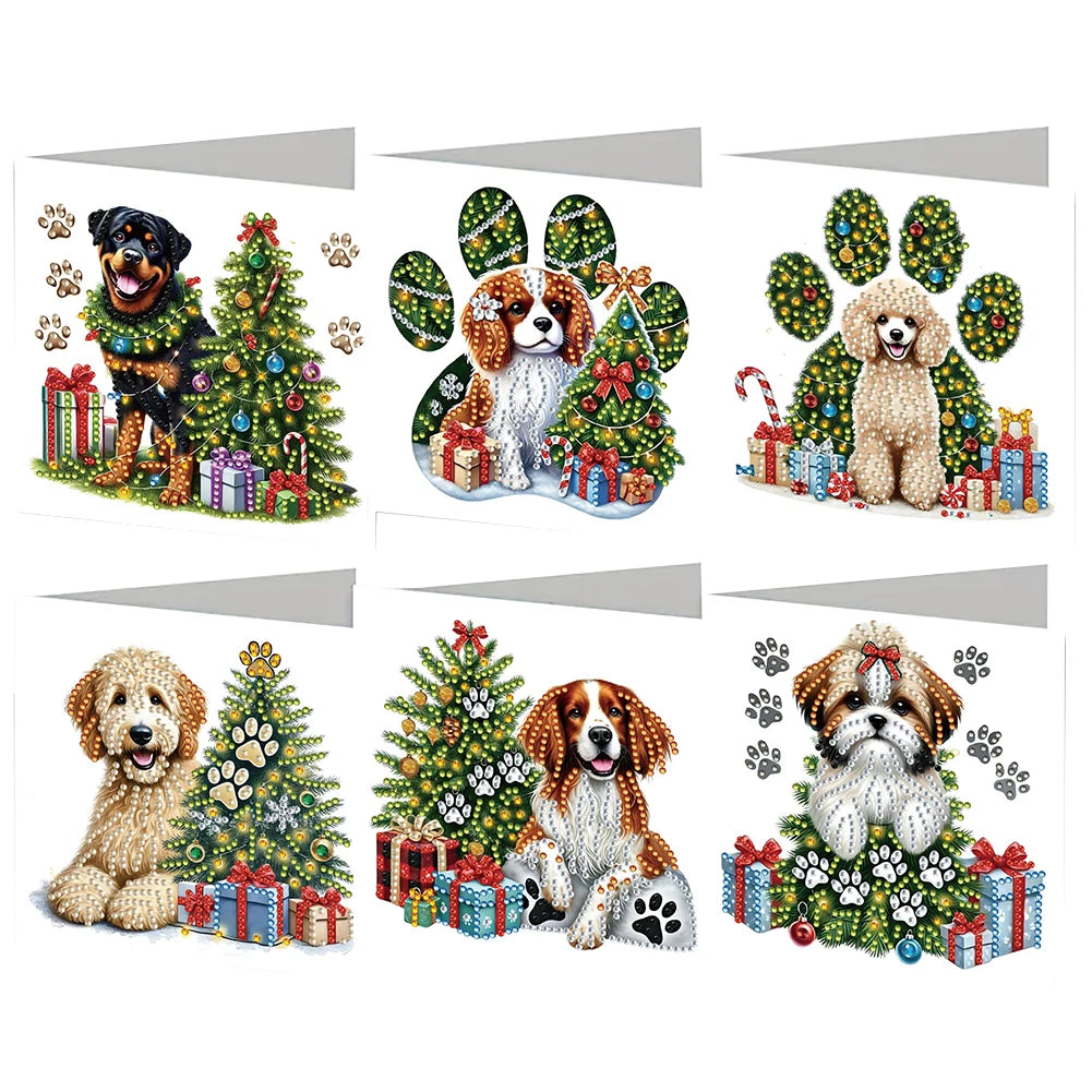 Diamond Painting Kerstkaarten set Honden – 6 Wenskaarten met Steentjes
