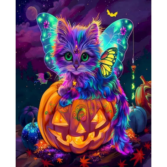 Schilderen op nummer Halloween Kat met Pompoen op Canvas in Frame (optioneel) - 9961710