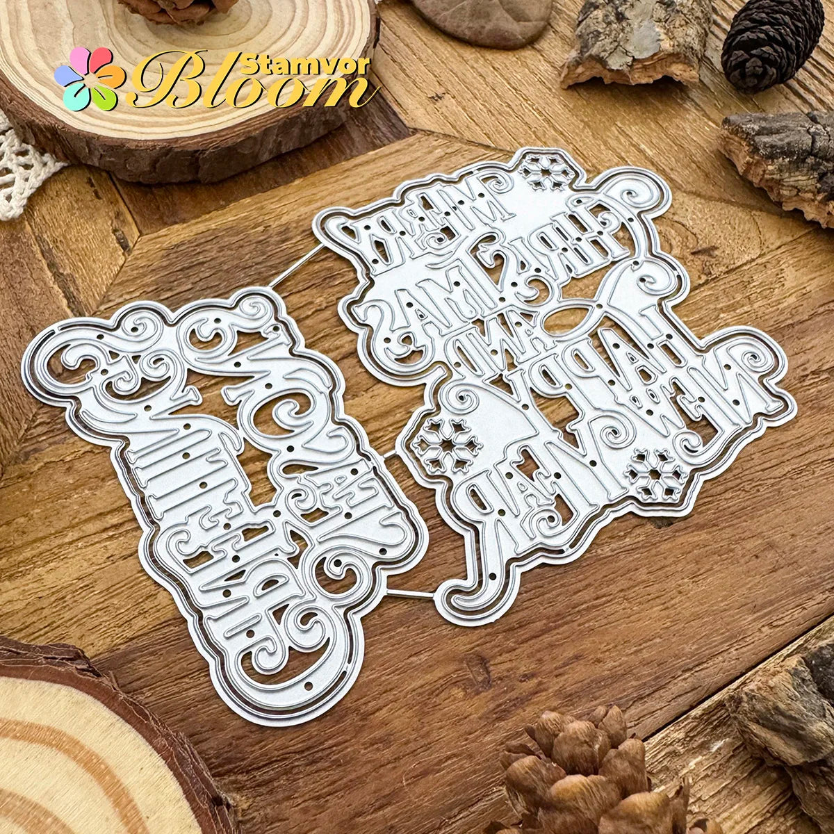 Snijmal Kerstlagen SEASONS GREETINGS en MERRY CHRISTMAS voor kaarten