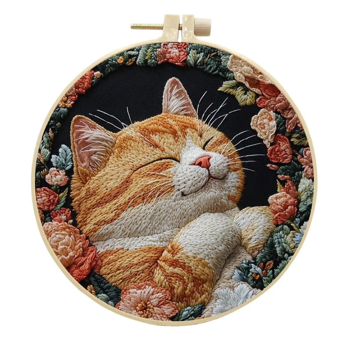 Borduurpakket rond Kat met Bloemen op Zwarte Stof 30 x 30 cm