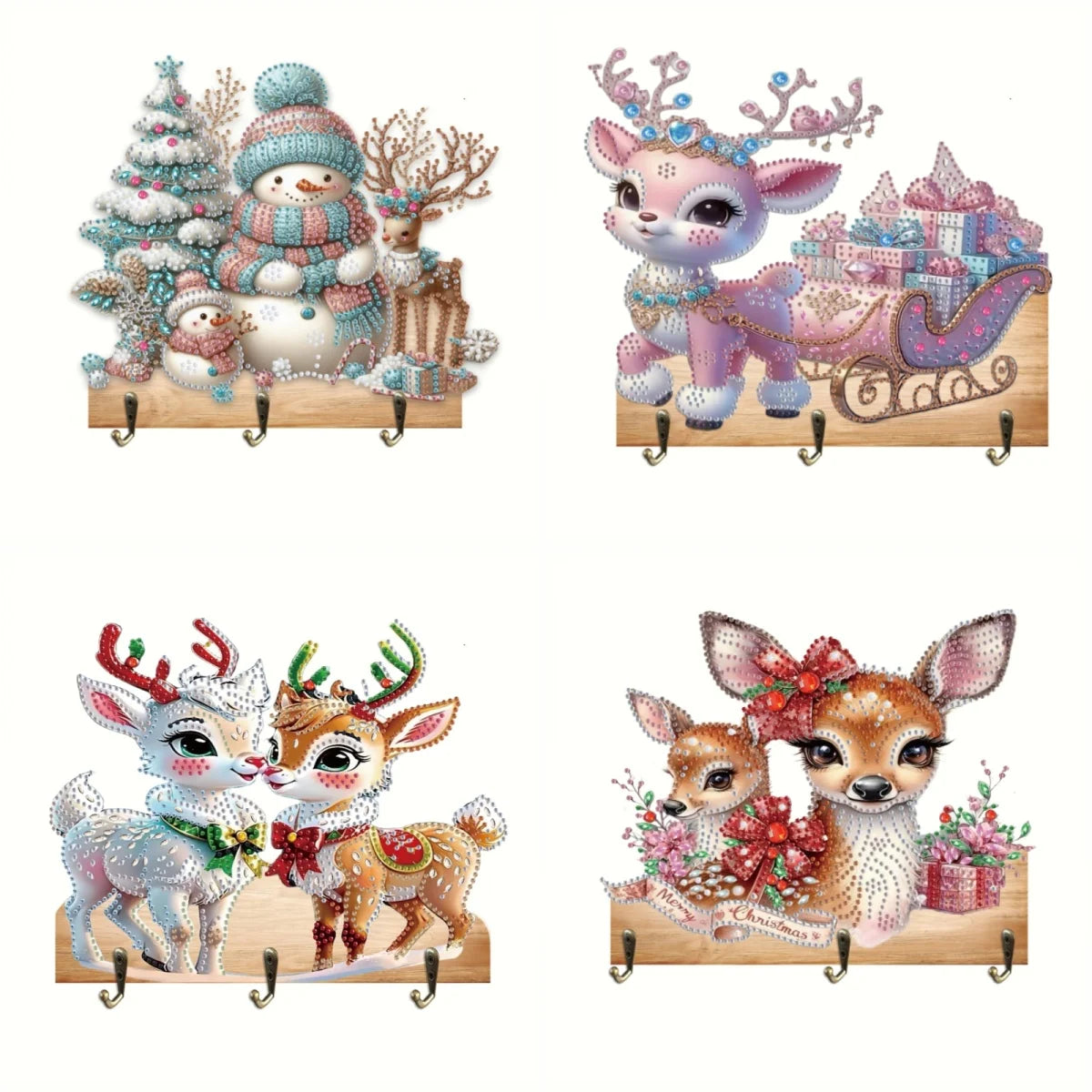 Diamond Painting Kapstok/Sleutelrek met Kerst Hert en 3 Haken