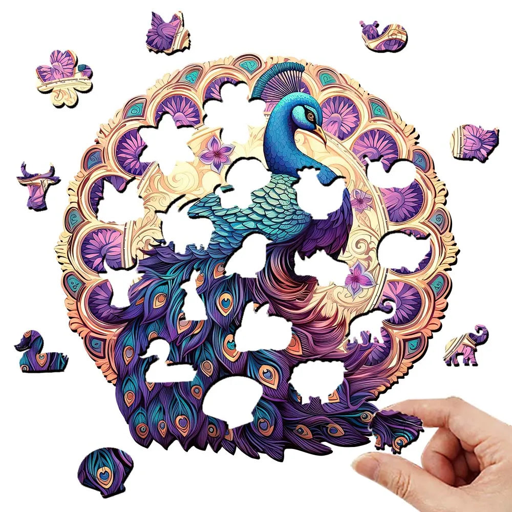 Houten figuren puzzel pauw in geschenkdoos – unieke dierenvorm