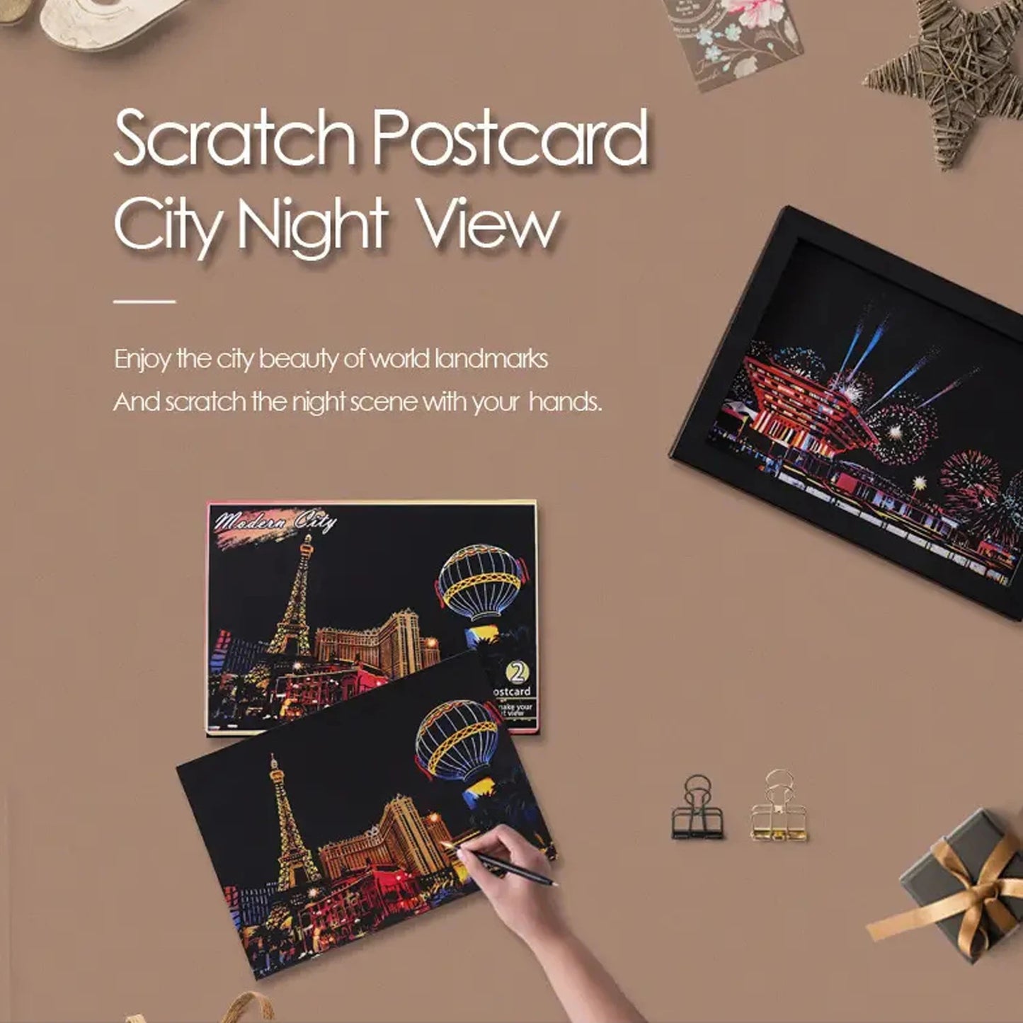 Krastekening Nachtelijke Stadsgezichten Set van 4 Kleurrijke Kaarten