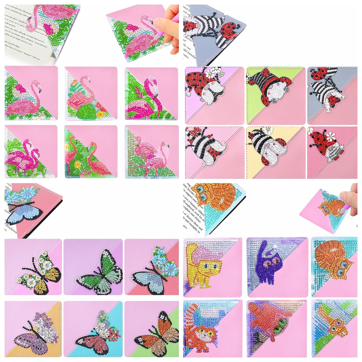 Diamond Painting Boekenlegger Hoekjes Vlinder en Katten - Set van 6 Stuks
