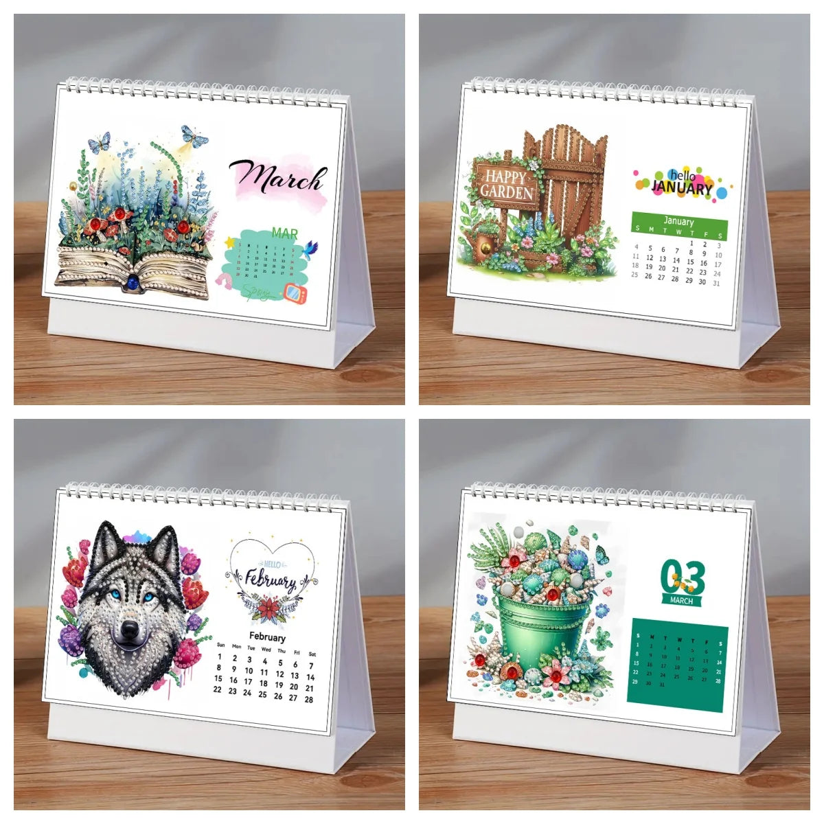 Diamond Painting Kalender 2026 Wolf en Bloemenpatroon – Creatieve Steentjes Set
