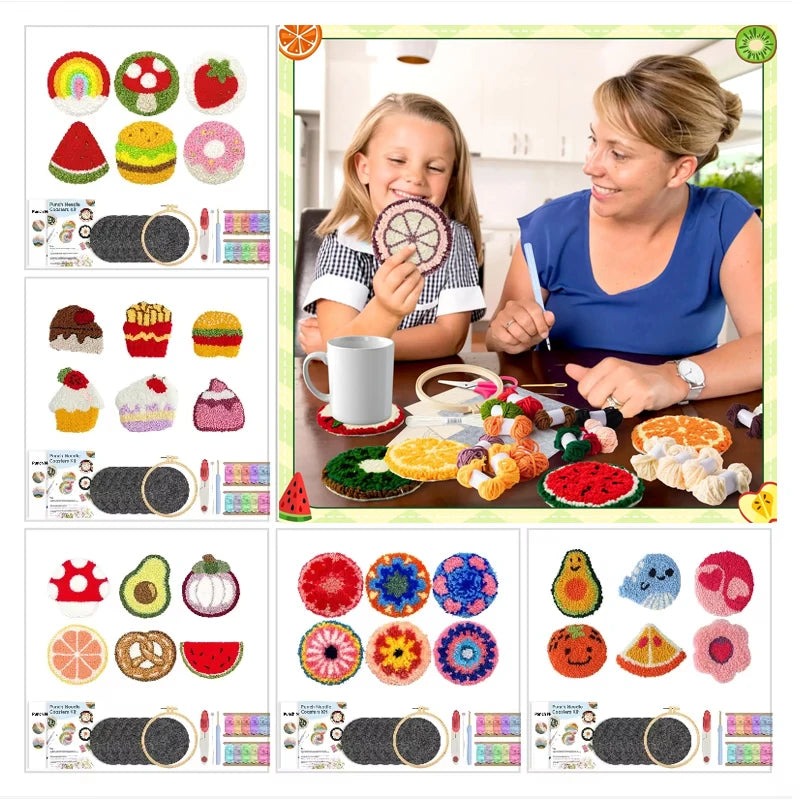 Punch Needle pakket Cartoon Eten Onderzetters Set 6 Stuks voor Beginners