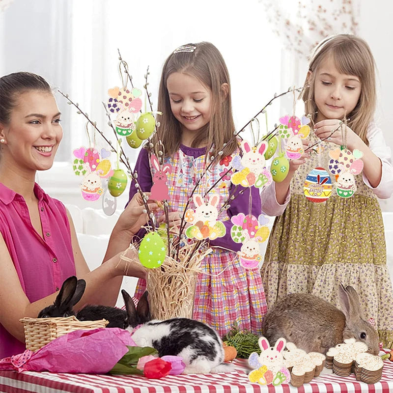 Houten Paas figuren om zelf te kleuren/schilderen – Konijn en Ei Hangers