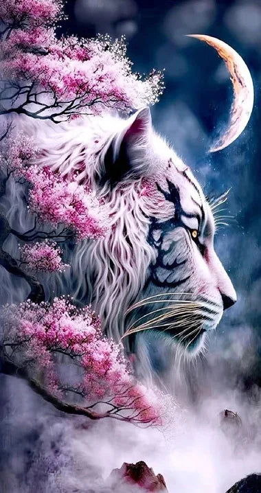 AB Diamond Painting op canvas - Tijger bij Sakura boom en maan