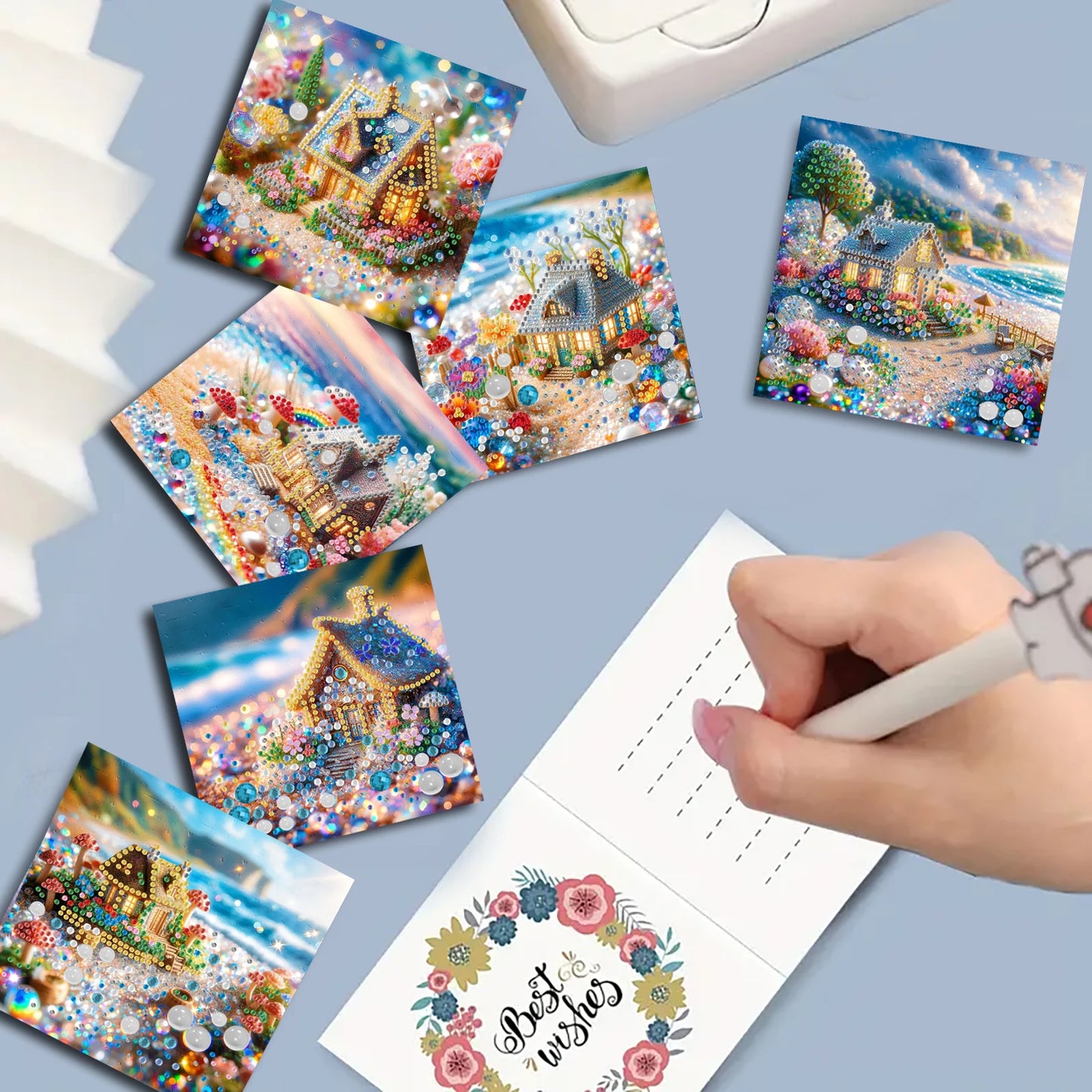 Diamond Painting Wenskaarten set Strandhuisjes – 6 kaarten