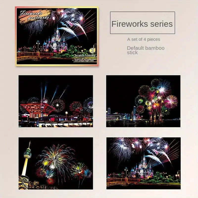 Krastekening Nachtelijke Stadsgezichten Set van 4 Kleurrijke Kaarten