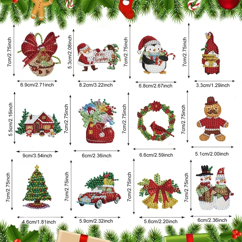 Diamond Painting Sleutelhanger set Kerst – 12 dubbelzijdige hangers - YSK229