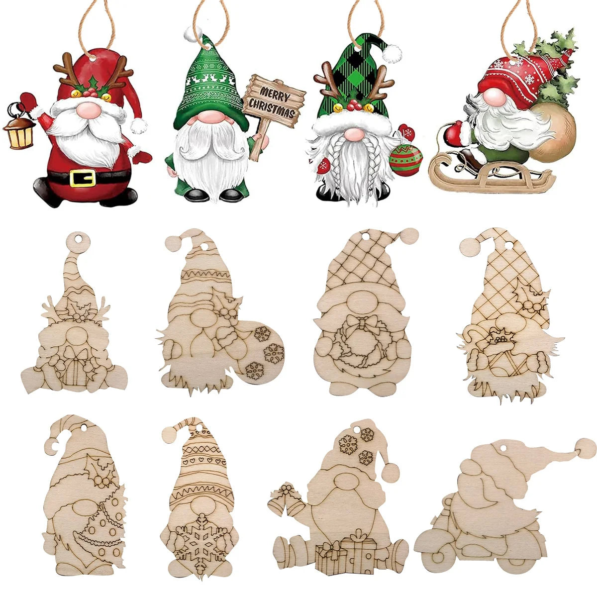 Houten figuur om zelf te kleuren/schilderen – 12 kerstgnomen hangdecoratie