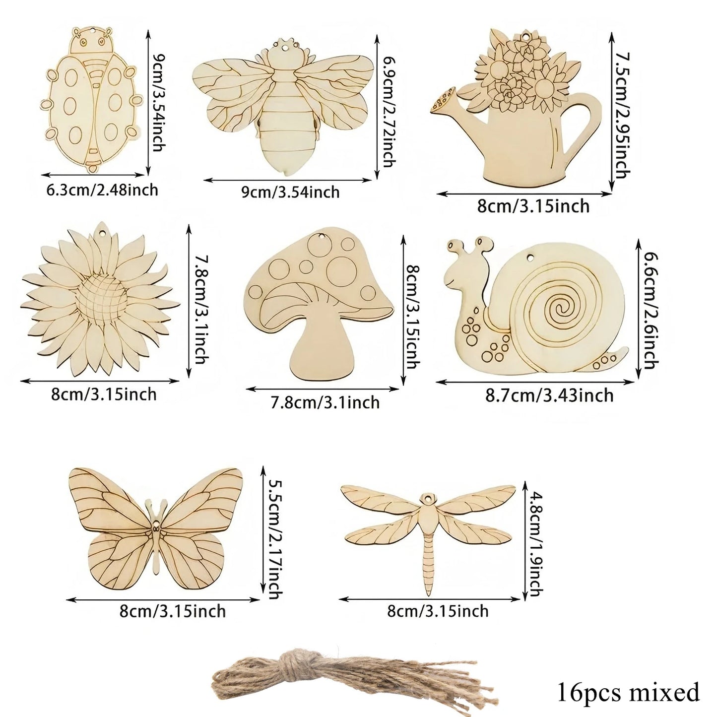 Houten figuren om zelf te kleuren/schilderen – 16 houten lente ornamenten