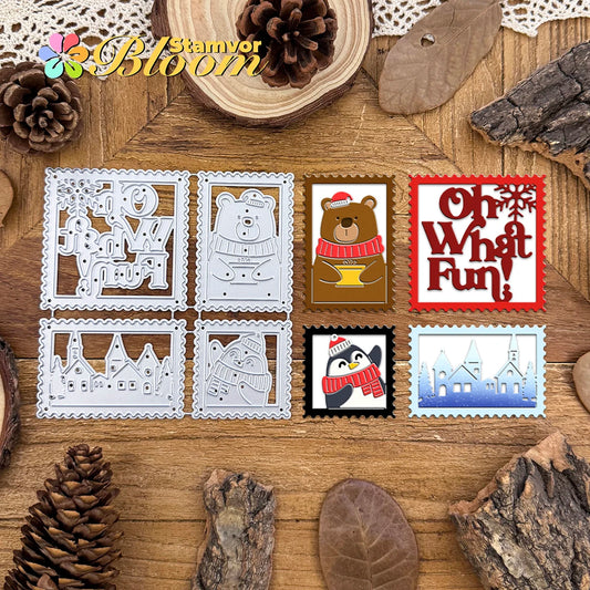 Snijmal kerstbeer en pinguïn dorp met postzegel en frame motieven