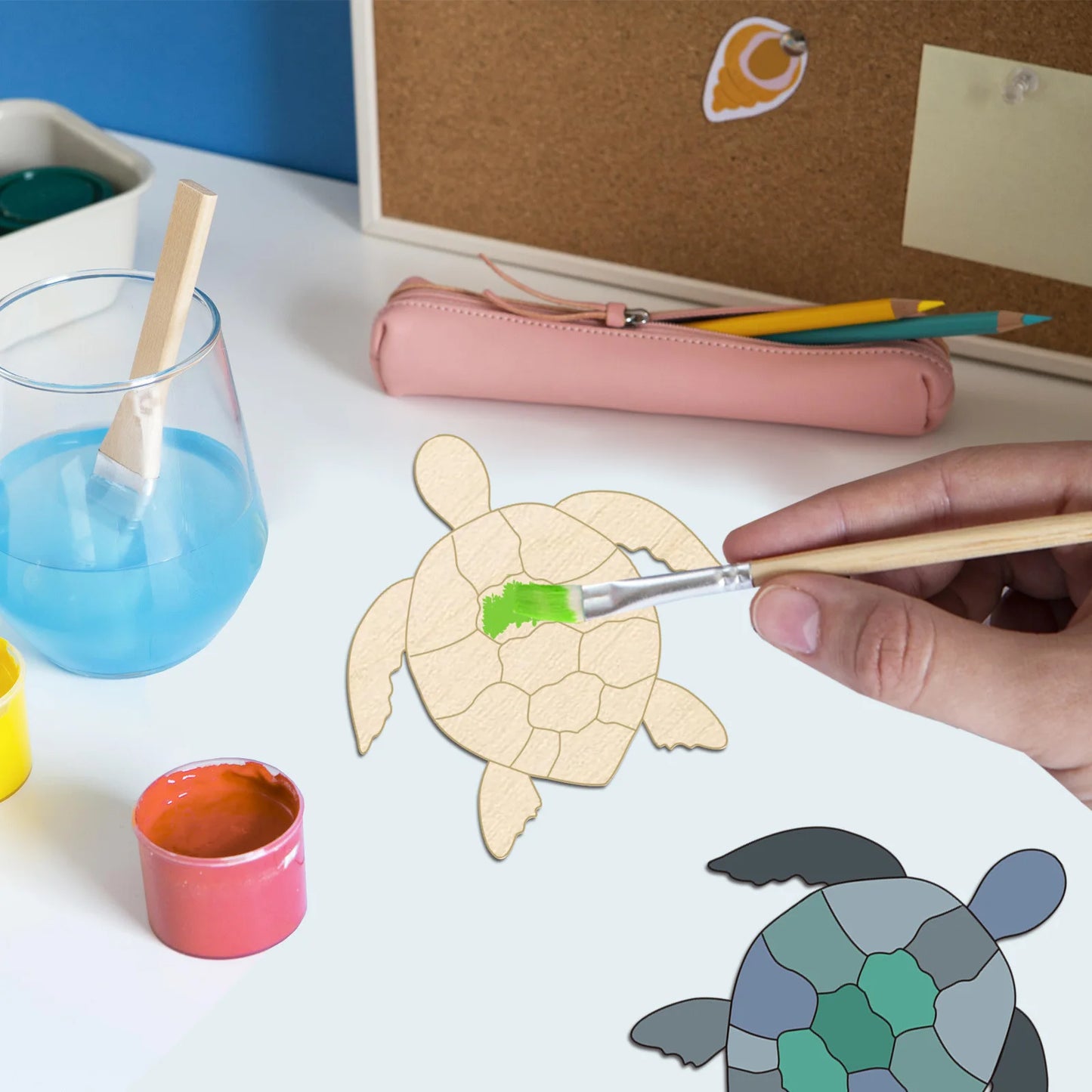 Houten figuren om zelf te schilderen/kleuren – Schildpad decoratie set