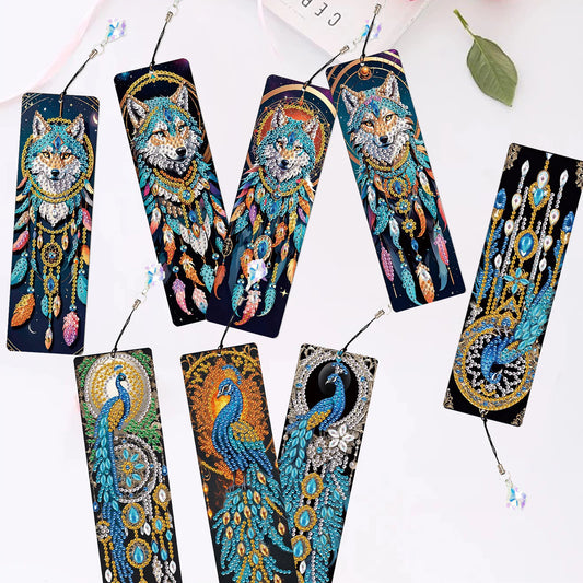 Diamond Painting Boekenlegger set met Wolf en Pauw ontwerpen – 8 stuks