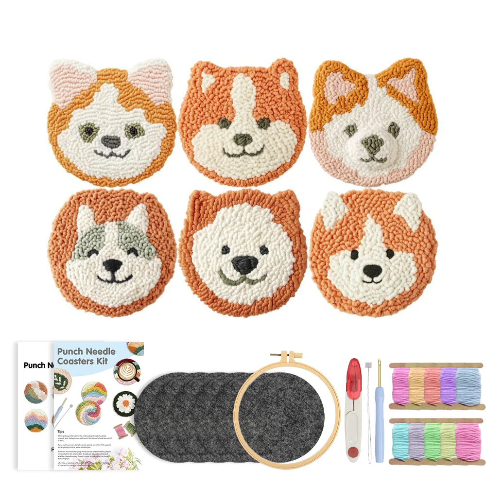 Punch Needle pakket Hond Onderzetters Set voor Beginners 6 Stuks