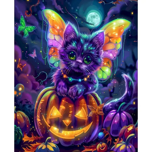 Schilderen op nummer Halloween Kat met Pompoen op Canvas in Frame (optioneel) - 9961711