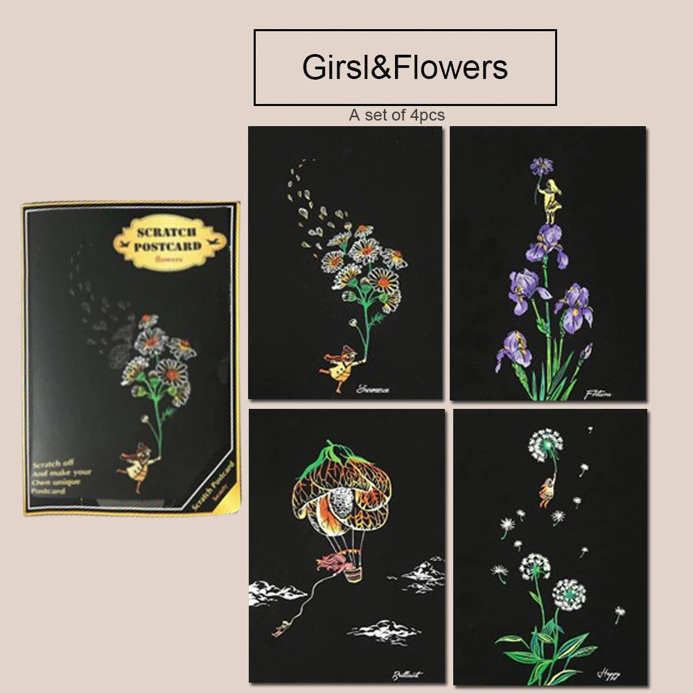 Krastekening Nachtelijke Stadsgezichten Set van 4 Kleurrijke Kaarten