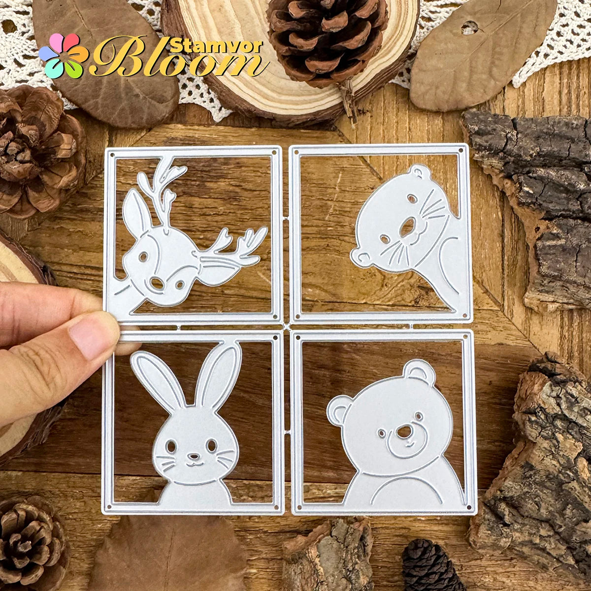 Metalen snijmal bosdieren in vierkante frames voor kaarten en decoratie