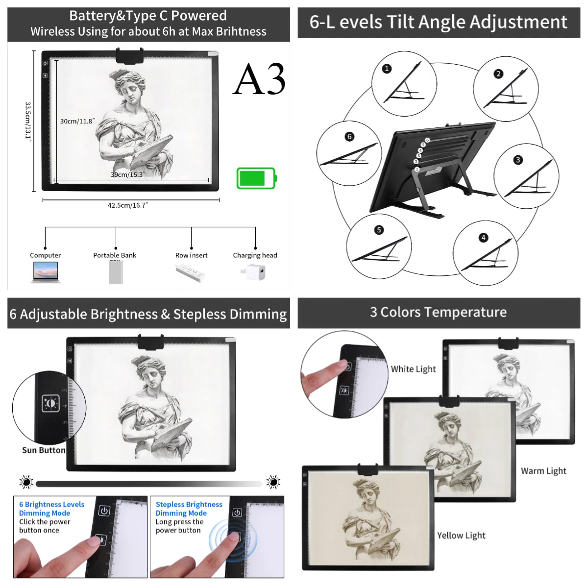 Diamond Painting Ledlamp A3/A4 Lichtpad met 3 Lichtstanden Tracing Board