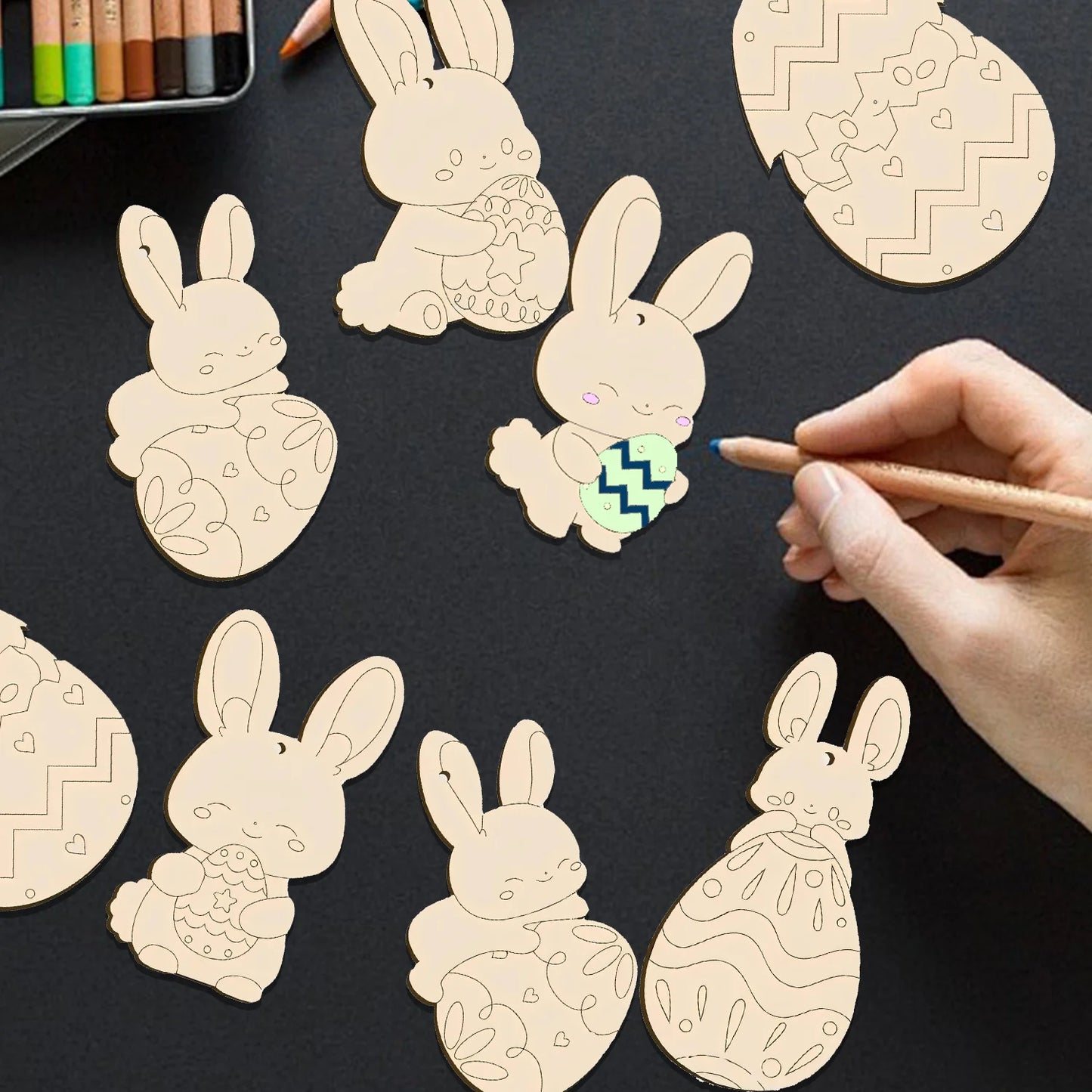 Houten Paas figuren om zelf te kleuren/schilderen – Konijn & Ei Hangers Set