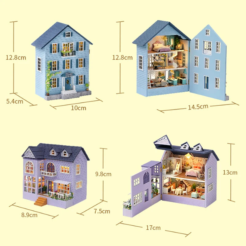 Zelfbouw miniatuurhuisje houten villa met meubels en verlichting - D-032