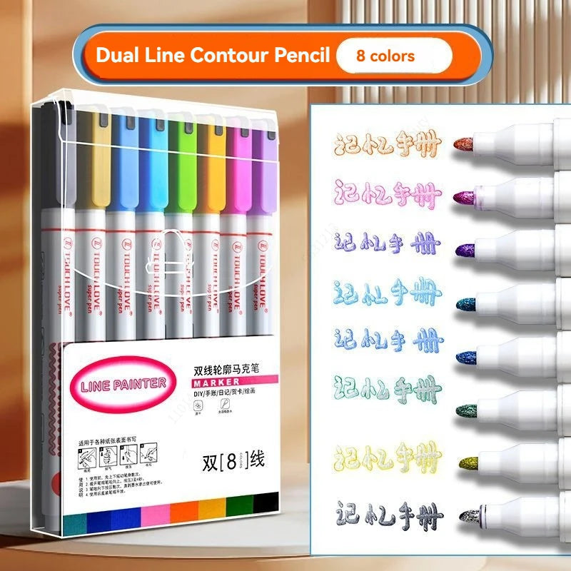 Stiften set Dubbele Lijn Outline Art Pens 8, 12 of 24 Kleuren