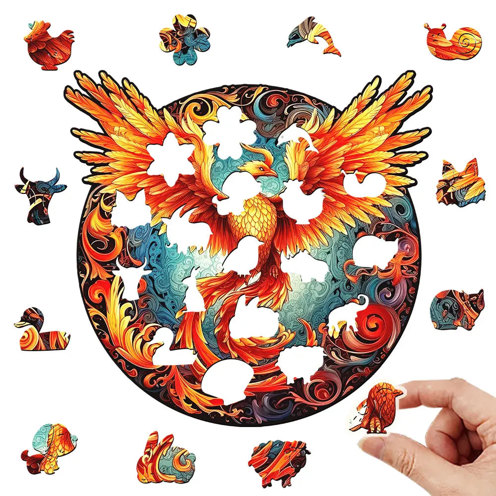 Houten figuren puzzel Phoenix Rood – unieke vormen en cadeauverpakking
