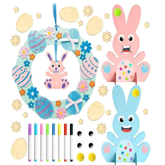 Houten Paas figuren om zelf te kleuren/schilderen – Paaskrans figuren met konijn en eieren