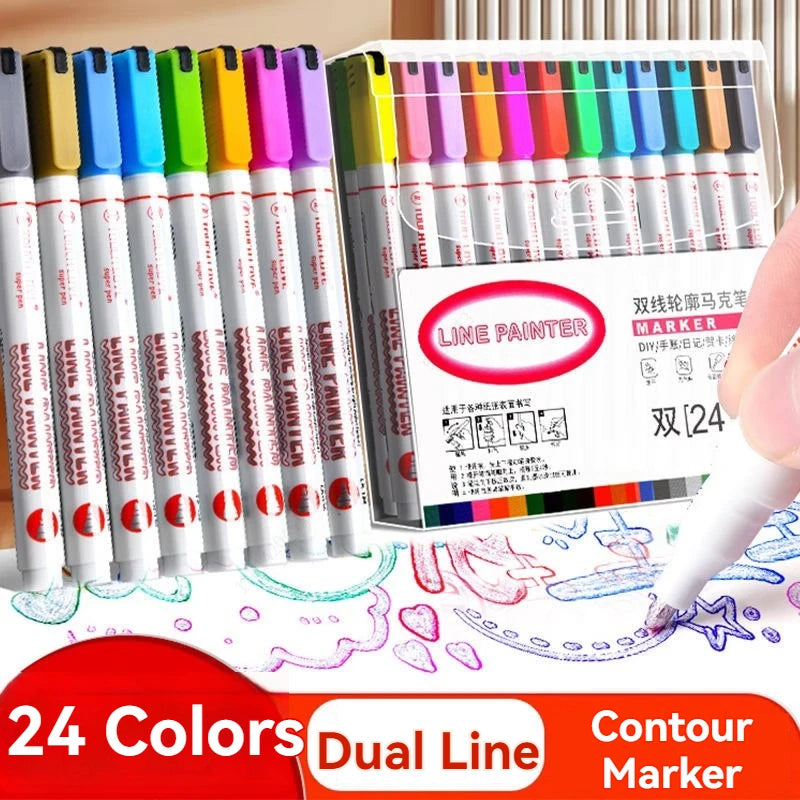 Stiften set Dubbele Lijn Outline Art Pens 8, 12 of 24 Kleuren