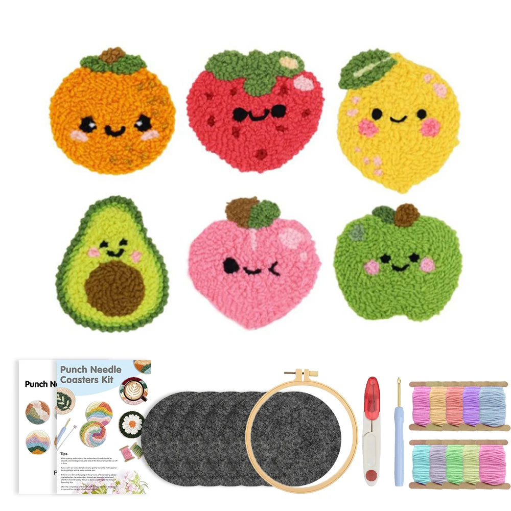 Punch Needle pakket Fruit onderzetters complete startersset 6-delig