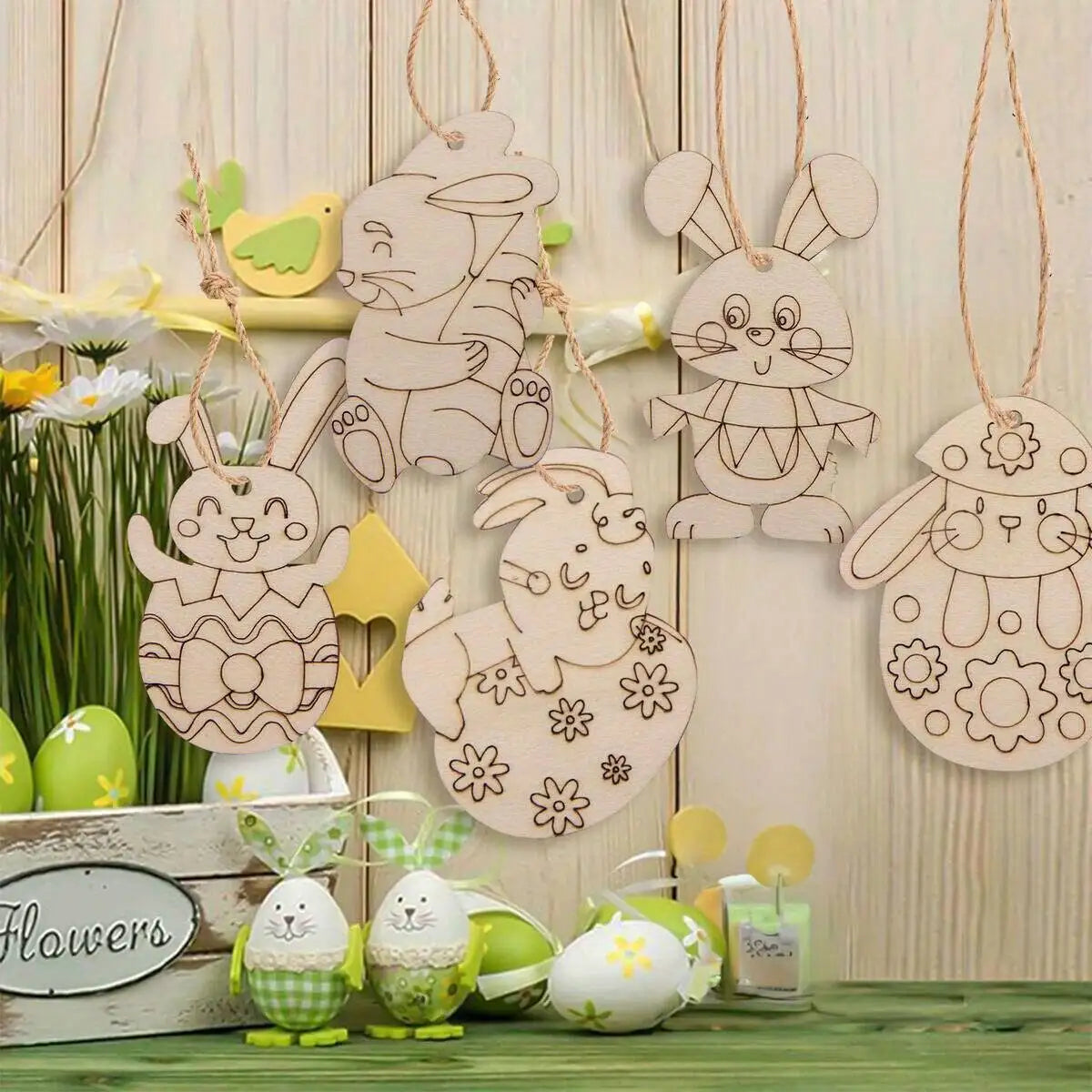 Houten Paas figuren om zelf te kleuren/schilderen – Konijn & Ei Hangers Set