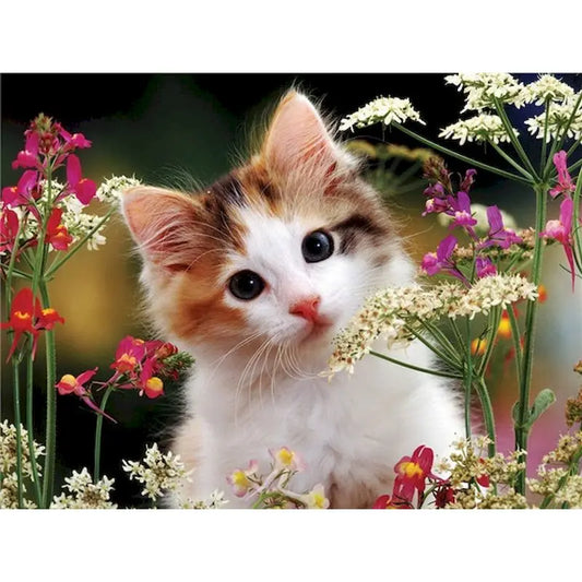 Diamond Painting Dieren - Kat met bloemen landschap wanddecoratie - DZDP32702