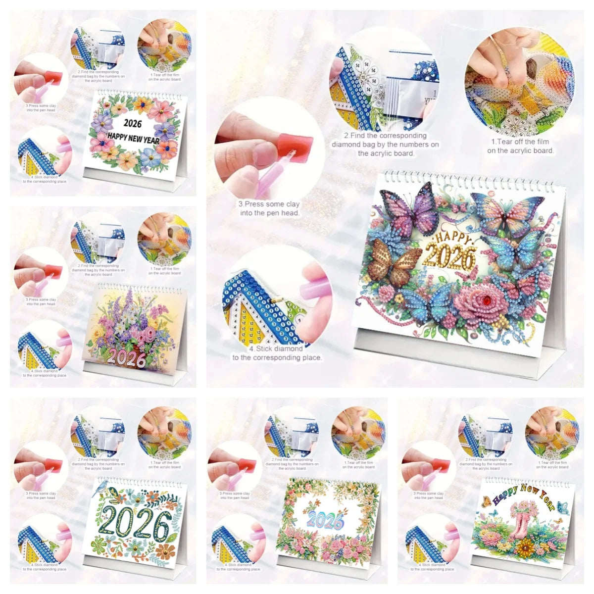 Diamond Painting Kalender met Bloementhema – Handgemaakte Bureaukalender met 13 Pagina’s