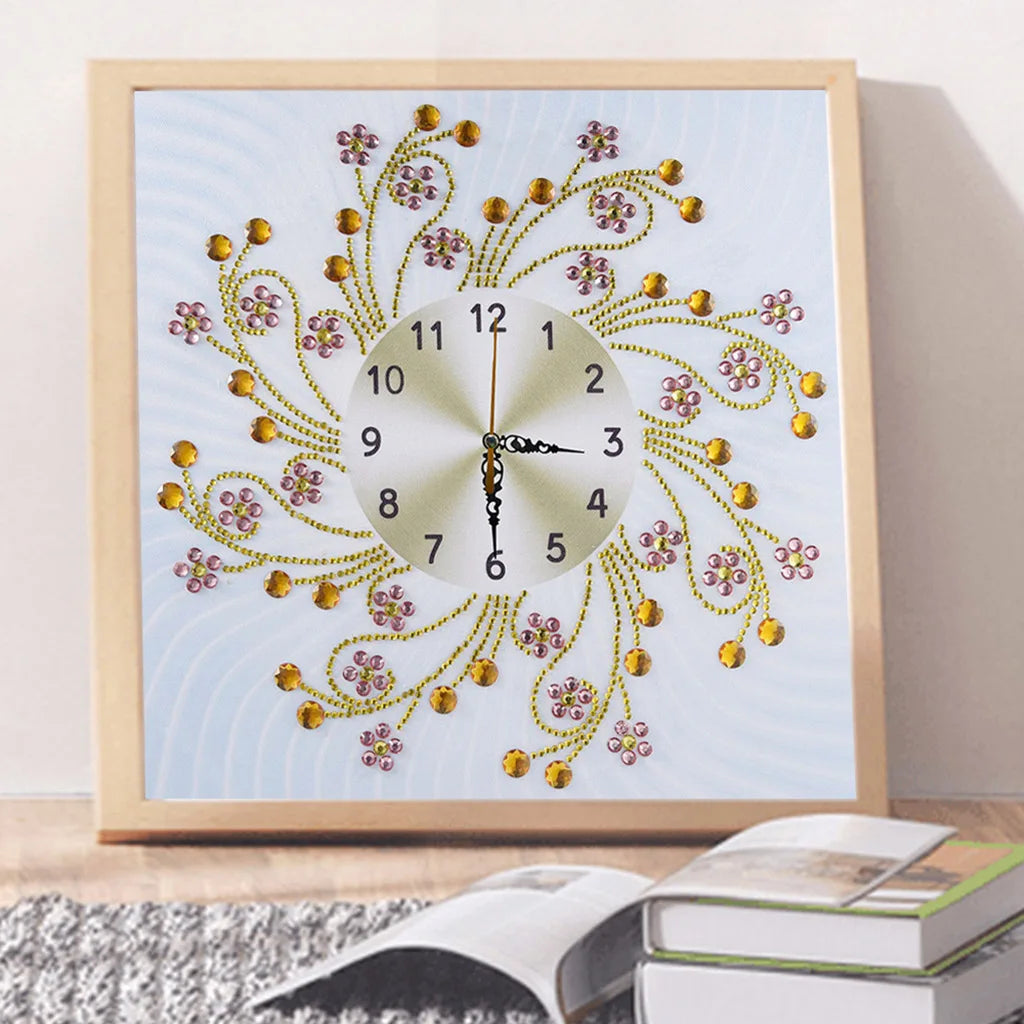 Diamond Painting Klok bloemrijk patroon op canvas – creatieve wanddecoratie