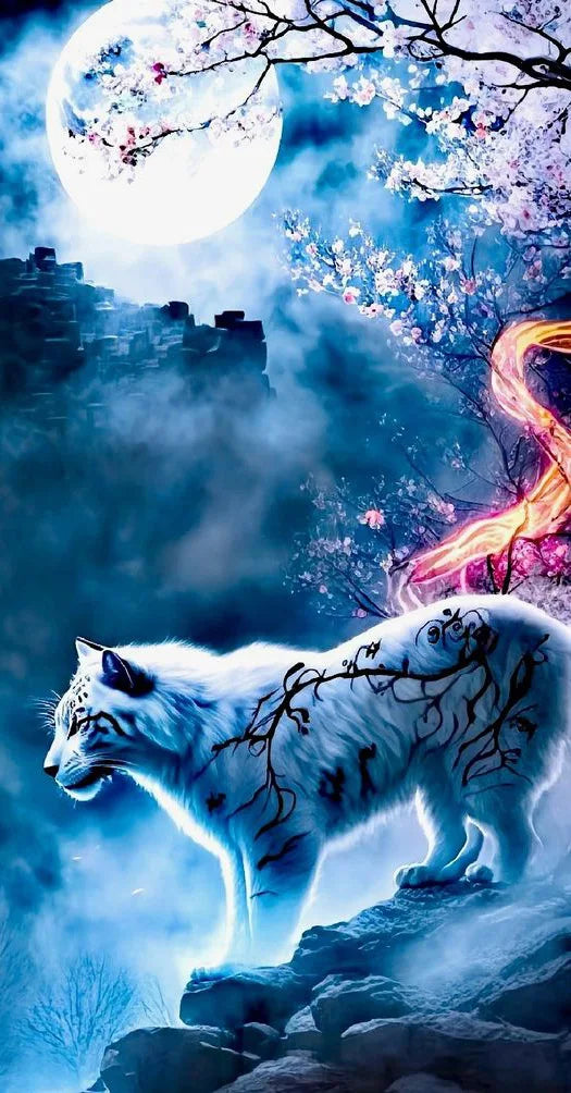AB Diamond Painting op canvas - Tijger bij Sakura boom en maan