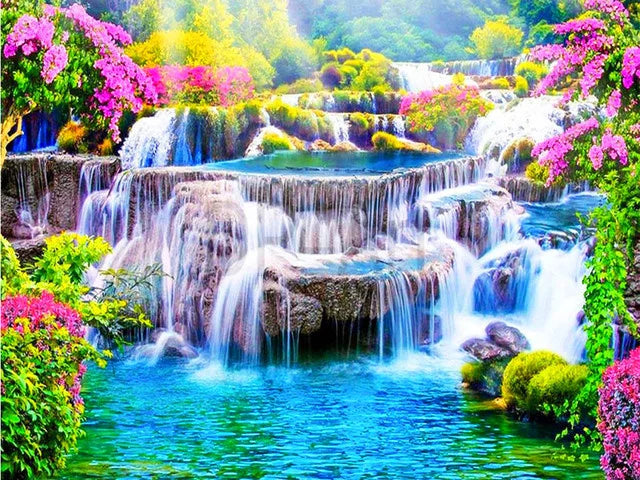 AB Diamond Painting met Fairy dust steentjes Waterval Bloemen