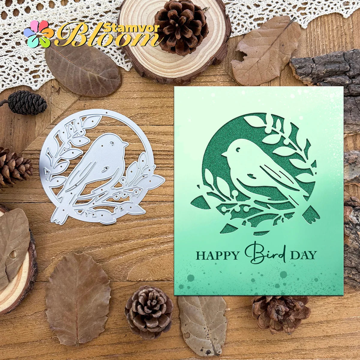 Snijmal halve cirkel met vogel op tak voor kaarten en creatief papierwerk