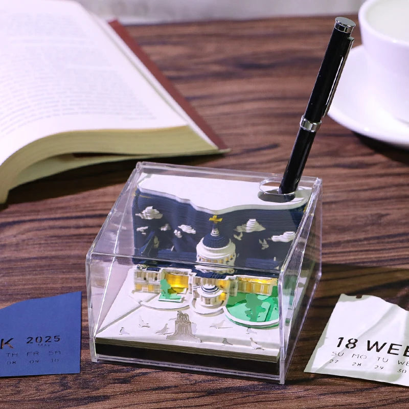 3D Papier Sculptuur Kathedraal LED Notitieblok met Pennenhouder – Creatieve Bureaudecoratie - 2025