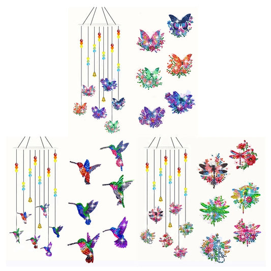 Diamond Painting Windgong Vlinders, Kolibrie en Libelle met Klokjes – Dubbelzijdig