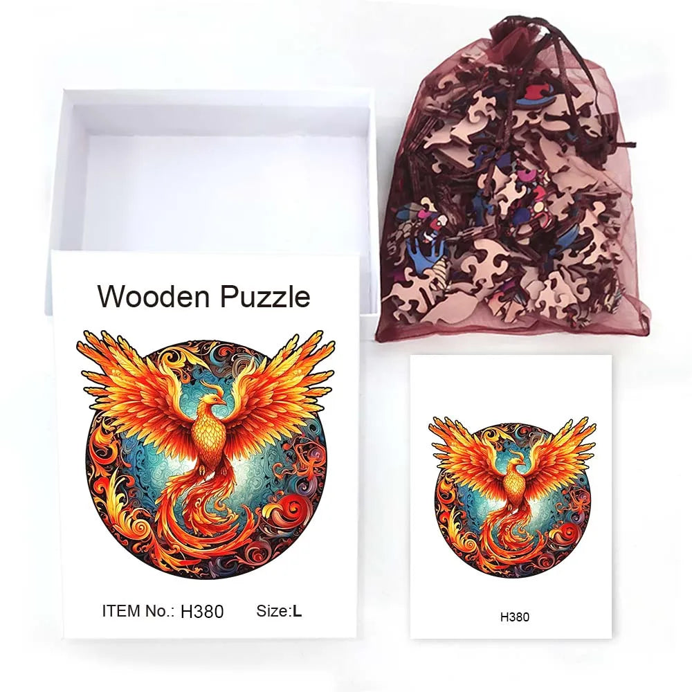 Houten figuren puzzel Phoenix Rood – unieke vormen en cadeauverpakking
