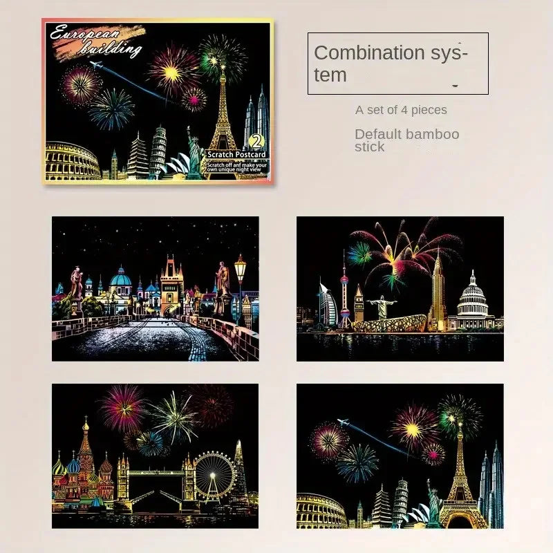 Krastekening Nachtelijke Stadsgezichten Set van 4 Kleurrijke Kaarten