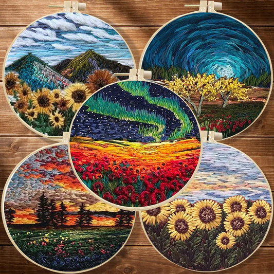Borduurpakket Rond – Bloemenlandschap in 3D Kruissteek