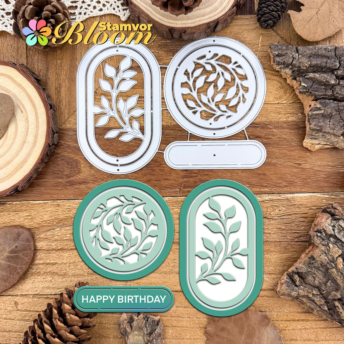 Metalen snijmal bladeren takken cirkels frames labels decoratief