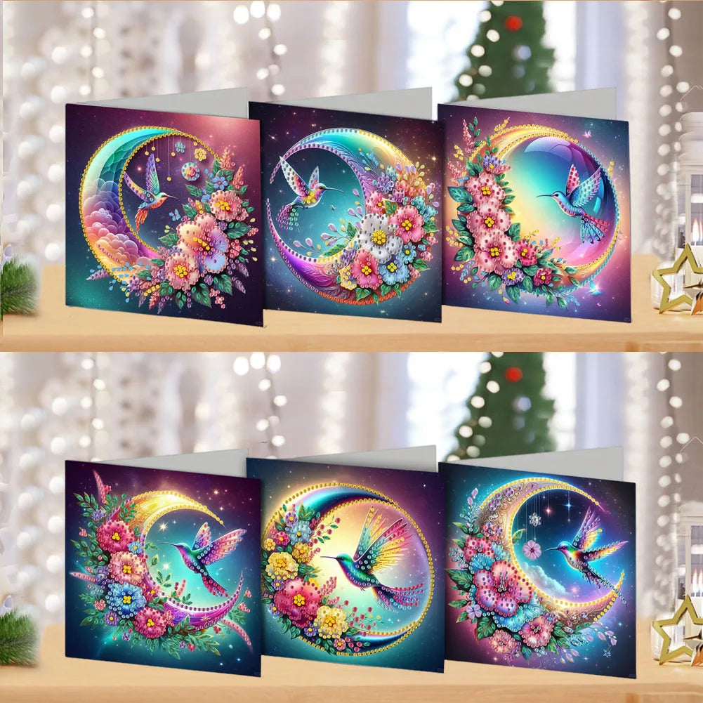 Diamond Painting Wenskaarten set Maan & Vogel – 6 Stuks Creatief