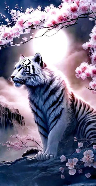 AB Diamond Painting op canvas - Tijger bij Sakura boom en maan