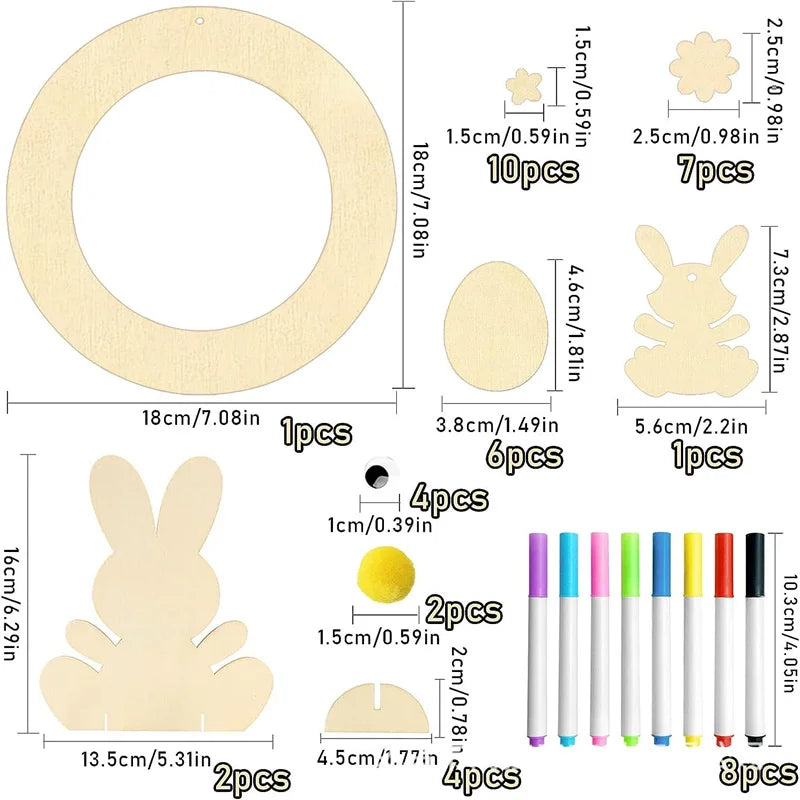Houten Paas figuren om zelf te kleuren/schilderen – Paaskrans figuren met konijn en eieren
