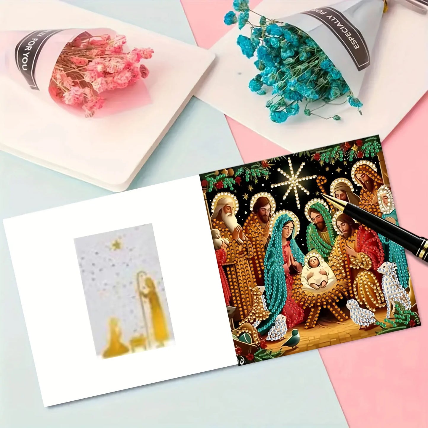 Diamond Painting Kerstkaarten Kerststal Set met 6 Wenskaarten
