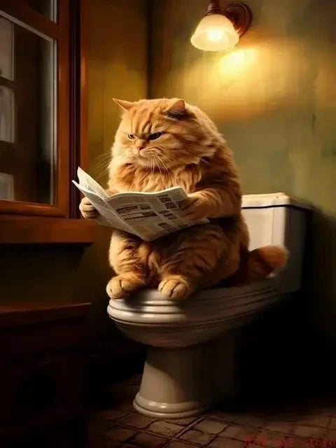 AB Diamond Painting met Fairy dust steentjes Kat op Toilet Krant